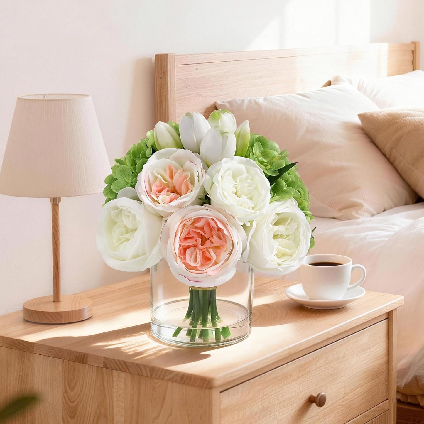 Fake Flowers in Vase - Real Touch Peonies Tulips Hydrangea Artificial Flowers with Vase, Large Faux Flowers with Lifelike Faux Water, Centerpiece Table Decorations for Coffee Table Decor