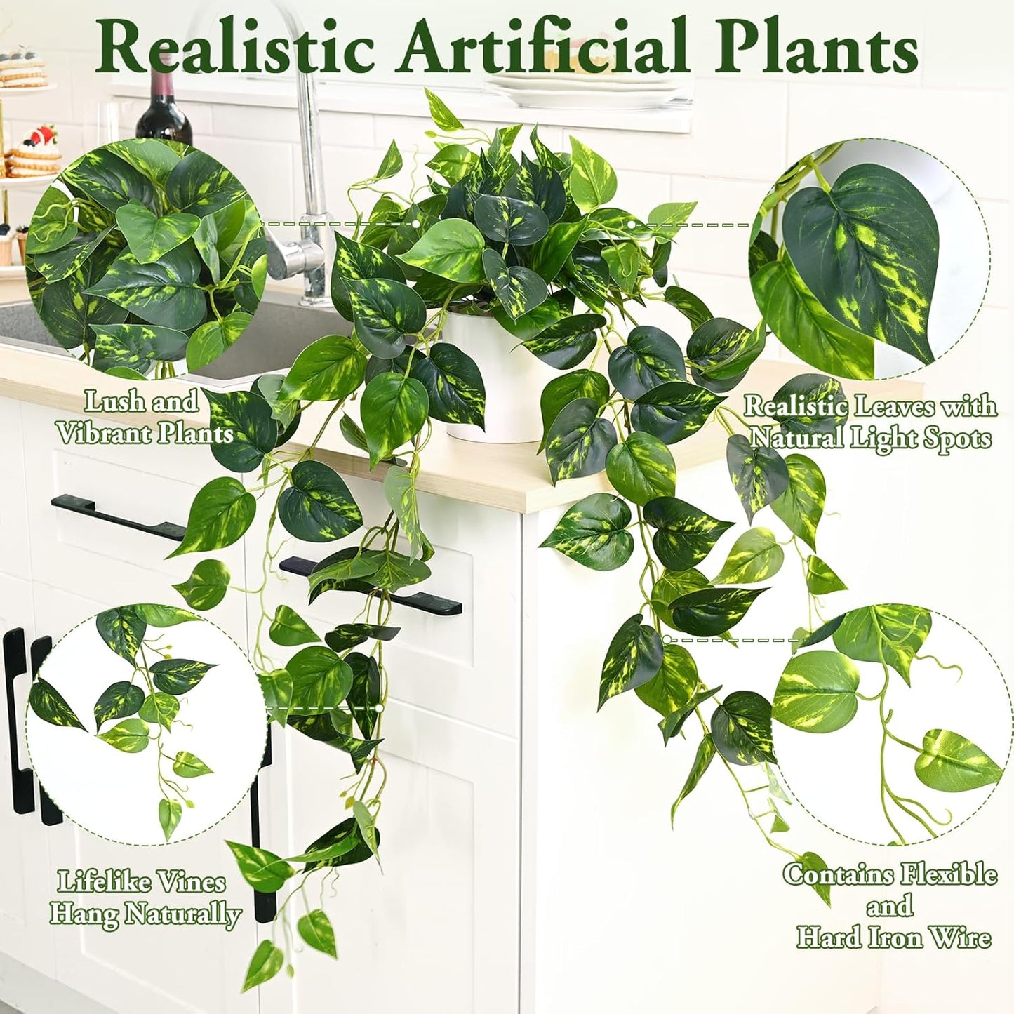 Artificial Boston Fern | Maintenance-free, Realistic Durable, Fake Pothos for Living Room Office Bedroom Bathroom Kitchen Shelves Indoor Home Decor