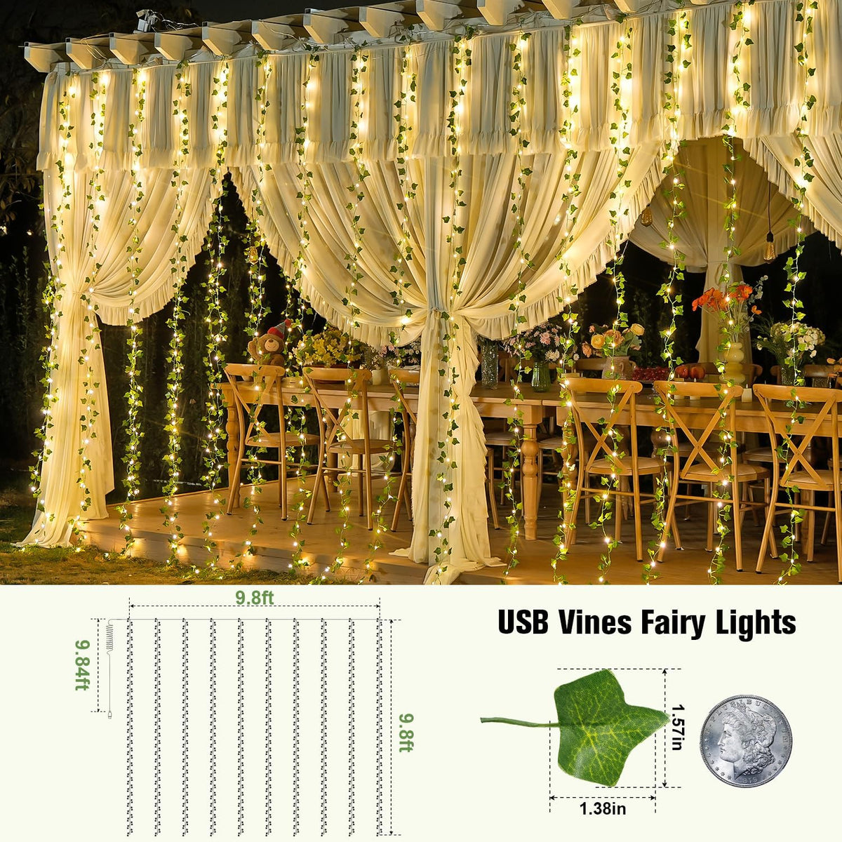 Vine Curtain Lights, 200 LED Vines with Fairy Lights for Bedroom