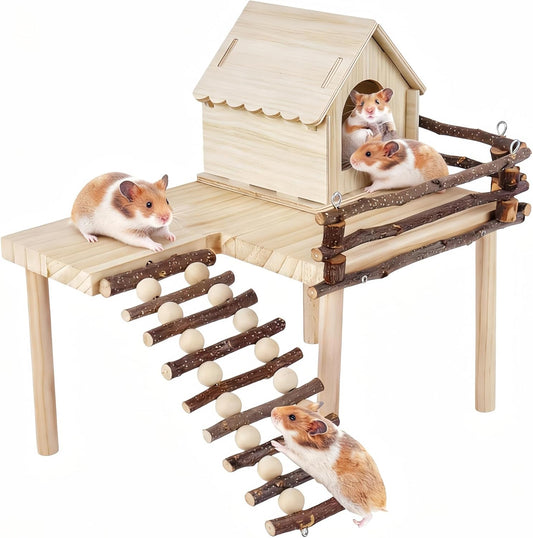 Wooden Hamster House and Platform, Hamsters Platform with Ladder, Hamster Cage Accessories, Cute Small Pets Toy for Hiding Sleeping Activities Habitat Decor