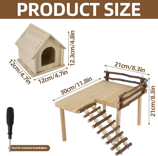 Wooden Hamster House and Platform, Hamsters Platform with Ladder, Hamster Cage Accessories, Cute Small Pets Toy for Hiding Sleeping Activities Habitat Decor