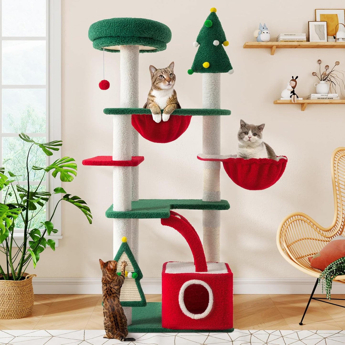 67in Tall Cat Tree/Climbing Tower with Top Perch, Hammock, Sisal Scratching Posts/Cute Condo for Indoor Kitties/Pet Feline House/Activity Center/Christmas Decor/Green & Red