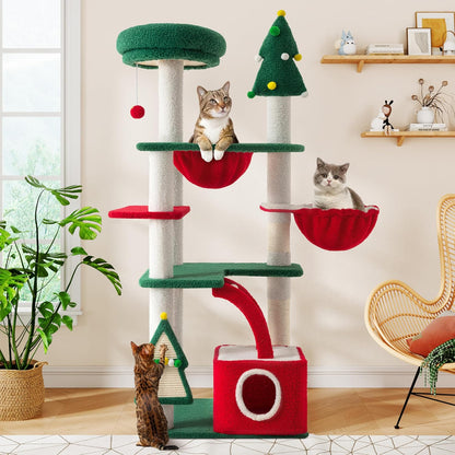 67in Tall Cat Tree/Climbing Tower with Top Perch, Hammock, Sisal Scratching Posts/Cute Condo for Indoor Kitties/Pet Feline House/Activity Center/Christmas Decor/Green & Red