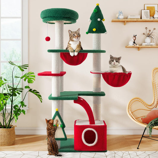 67in Tall Cat Tree/Climbing Tower with Top Perch, Hammock, Sisal Scratching Posts/Cute Condo for Indoor Kitties/Pet Feline House/Activity Center/Christmas Decor/Green & Red