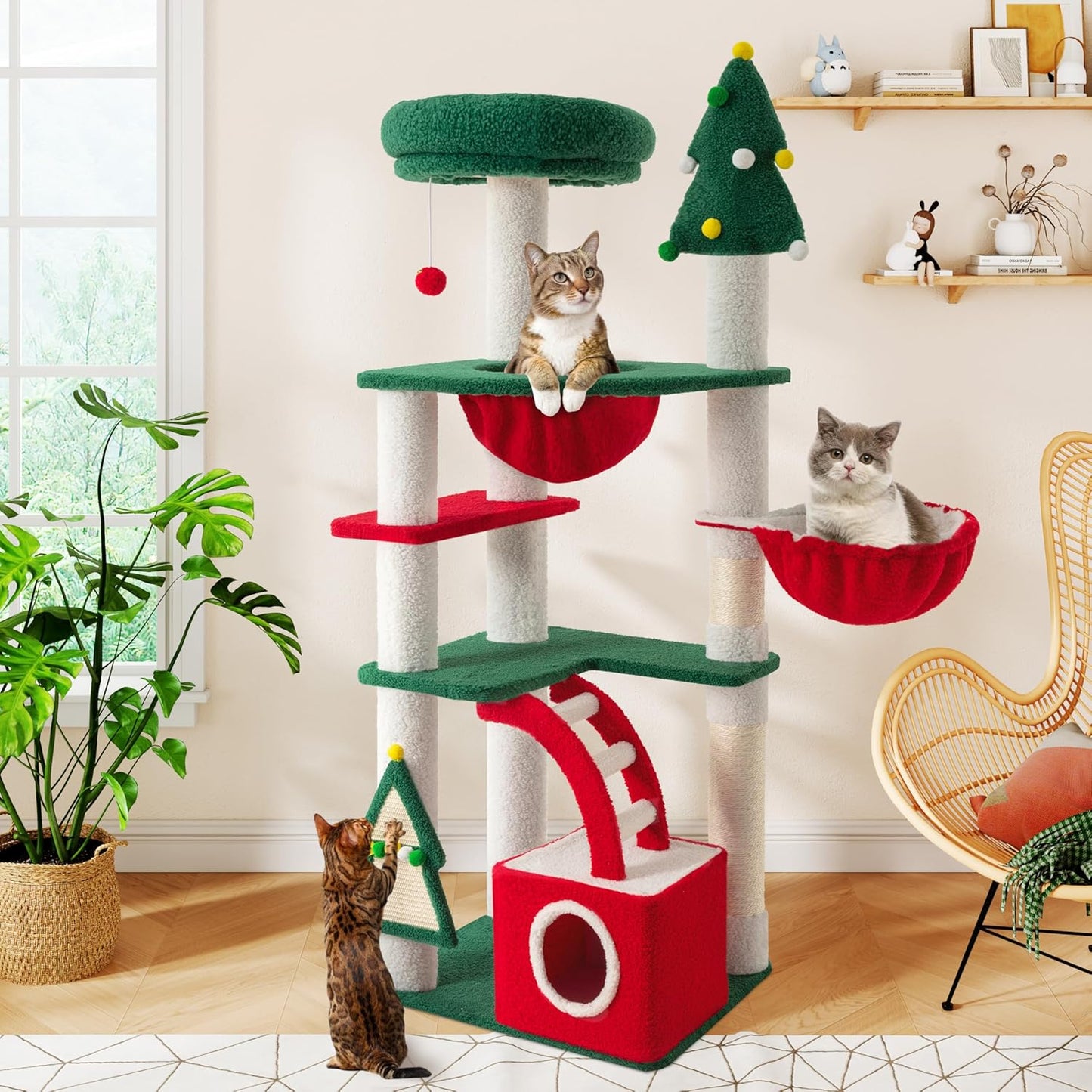 67in Tall Cat Tree/Climbing Tower with Top Perch, Hammock, Sisal Scratching Posts/Cute Condo for Indoor Kitties/Pet Feline House/Activity Center/Christmas Decor/Green & Red
