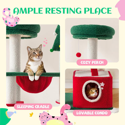 67in Tall Cat Tree/Climbing Tower with Top Perch, Hammock, Sisal Scratching Posts/Cute Condo for Indoor Kitties/Pet Feline House/Activity Center/Christmas Decor/Green & Red