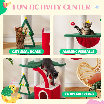 67in Tall Cat Tree/Climbing Tower with Top Perch, Hammock, Sisal Scratching Posts/Cute Condo for Indoor Kitties/Pet Feline House/Activity Center/Christmas Decor/Green & Red