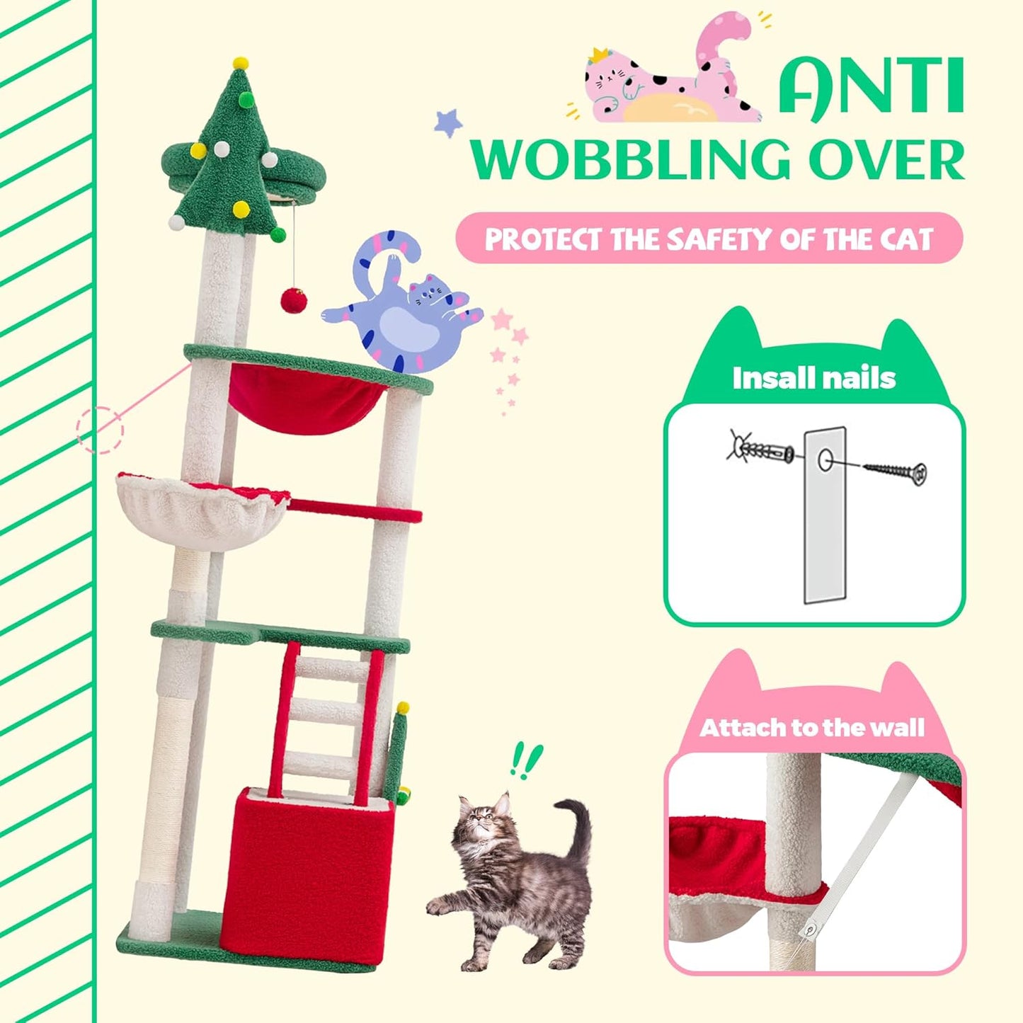 67in Tall Cat Tree/Climbing Tower with Top Perch, Hammock, Sisal Scratching Posts/Cute Condo for Indoor Kitties/Pet Feline House/Activity Center/Christmas Decor/Green & Red