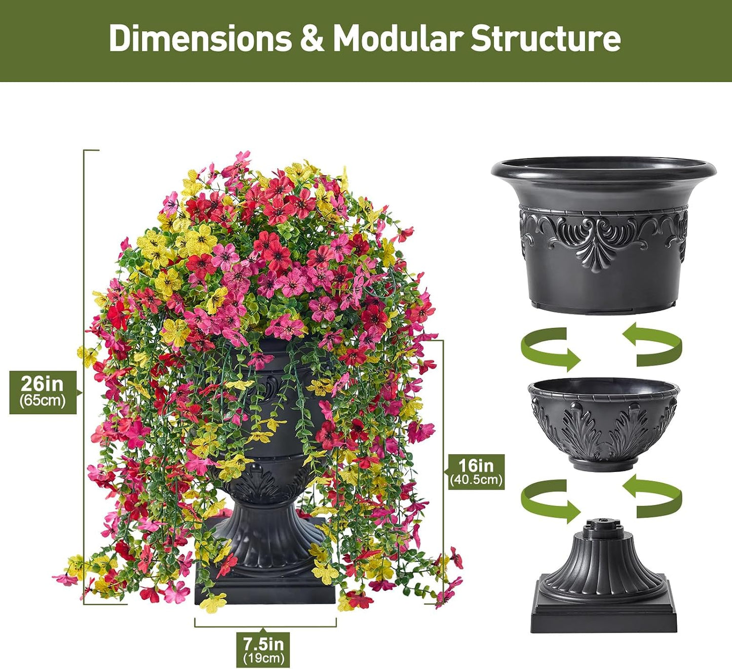 Artificial Lobelia Flowers with Classic Urn Planter- UV Resistant Silk Fake Flowers in Pot - Cascading Faux Outdoor Flowers for Front Porch, Patio, Yard and Garden Decor, 1 Pack