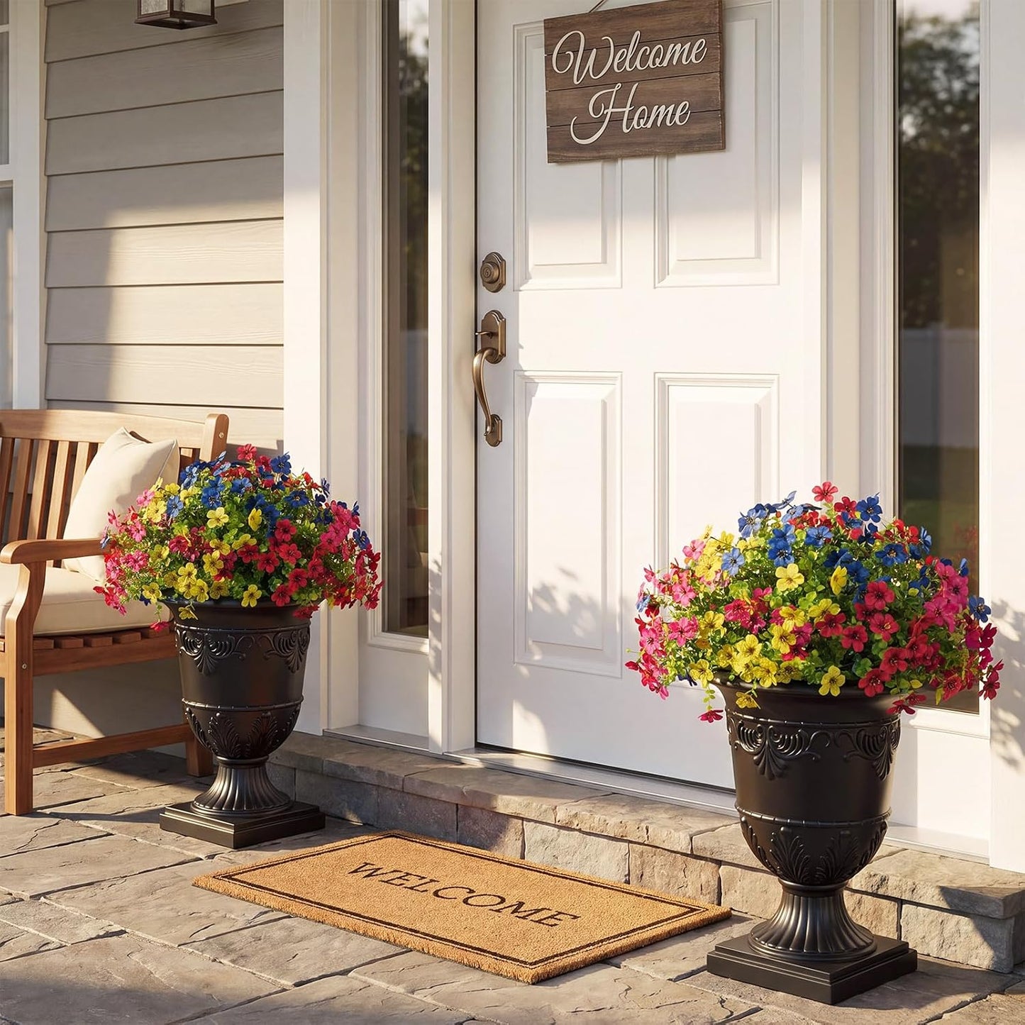 Artificial Lobelia Flowers with Classic Urn Planter- UV Resistant Silk Fake Flowers in Pot - Cascading Faux Outdoor Flowers for Front Porch, Patio, Yard and Garden Decor, 1 Pack