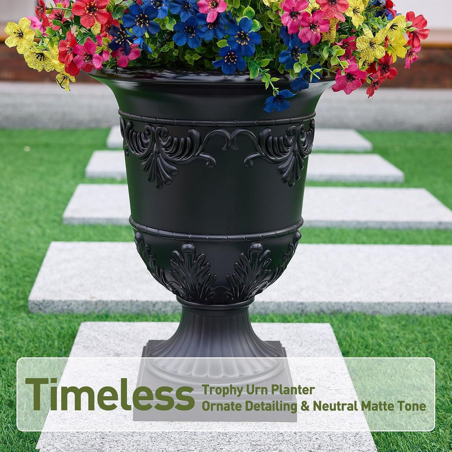 Artificial Lobelia Flowers with Classic Urn Planter- UV Resistant Silk Fake Flowers in Pot - Cascading Faux Outdoor Flowers for Front Porch, Patio, Yard and Garden Decor, 1 Pack
