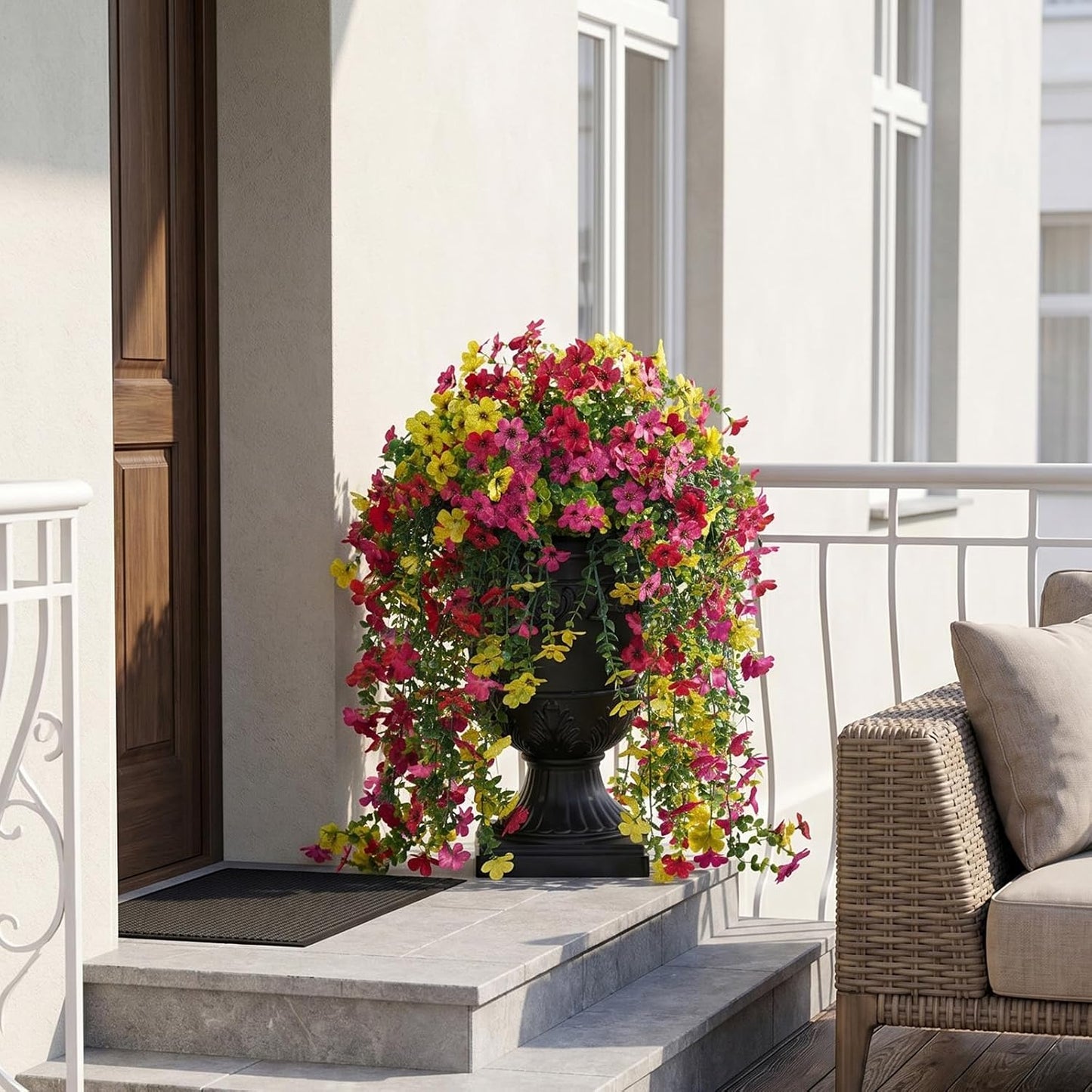 Artificial Lobelia Flowers with Classic Urn Planter- UV Resistant Silk Fake Flowers in Pot - Cascading Faux Outdoor Flowers for Front Porch, Patio, Yard and Garden Decor, 1 Pack