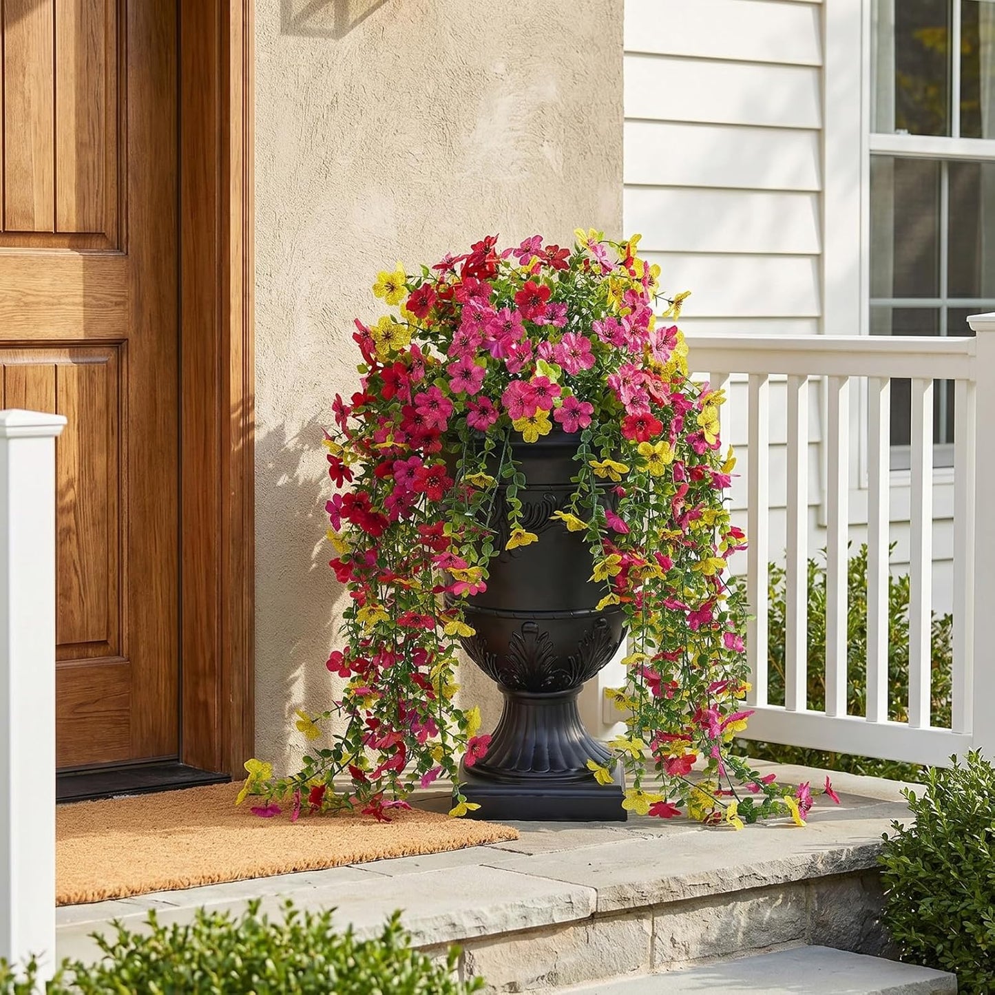 Artificial Lobelia Flowers with Classic Urn Planter- UV Resistant Silk Fake Flowers in Pot - Cascading Faux Outdoor Flowers for Front Porch, Patio, Yard and Garden Decor, 1 Pack