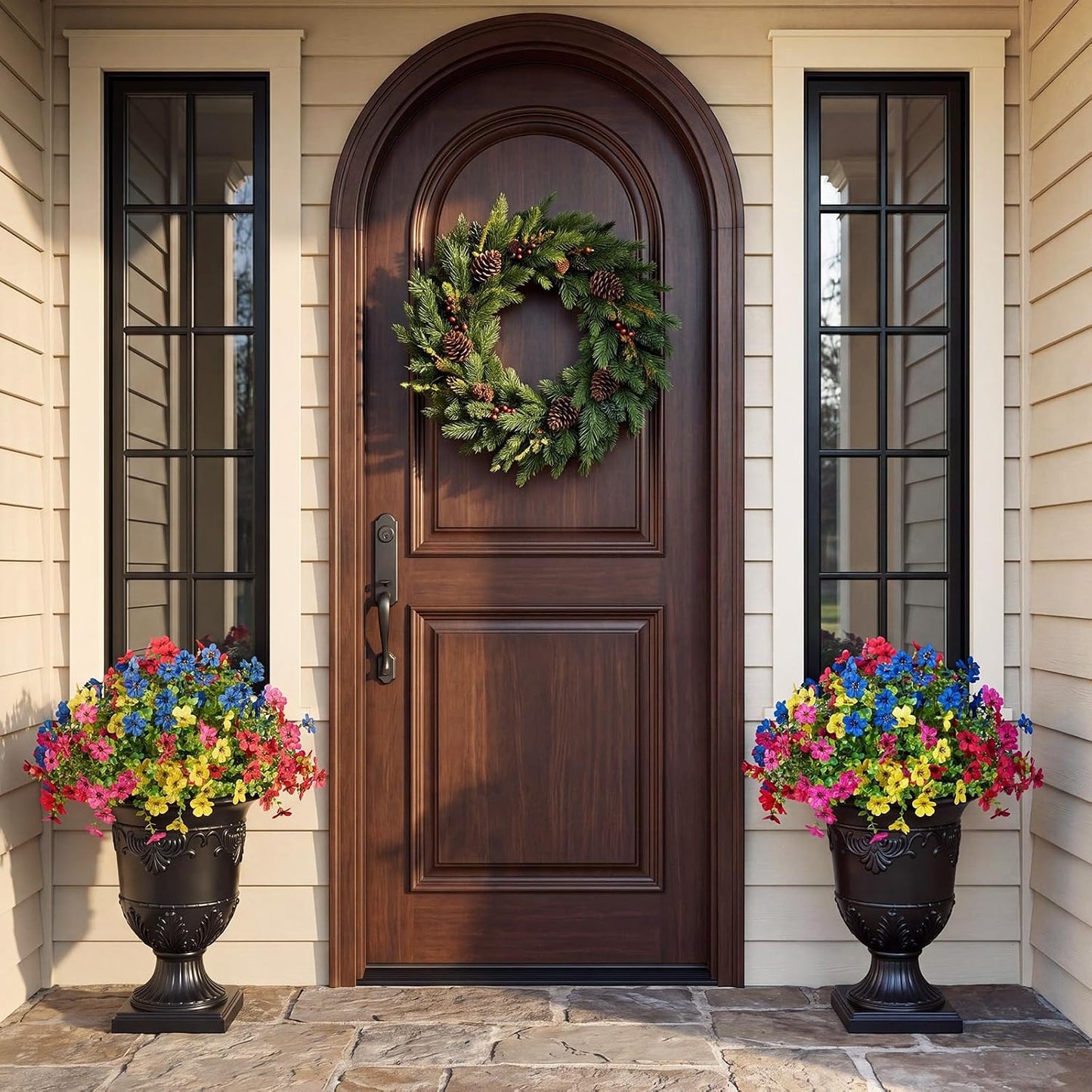 Artificial Lobelia Flowers with Classic Urn Planter- UV Resistant Silk Fake Flowers in Pot - Cascading Faux Outdoor Flowers for Front Porch, Patio, Yard and Garden Decor, 1 Pack