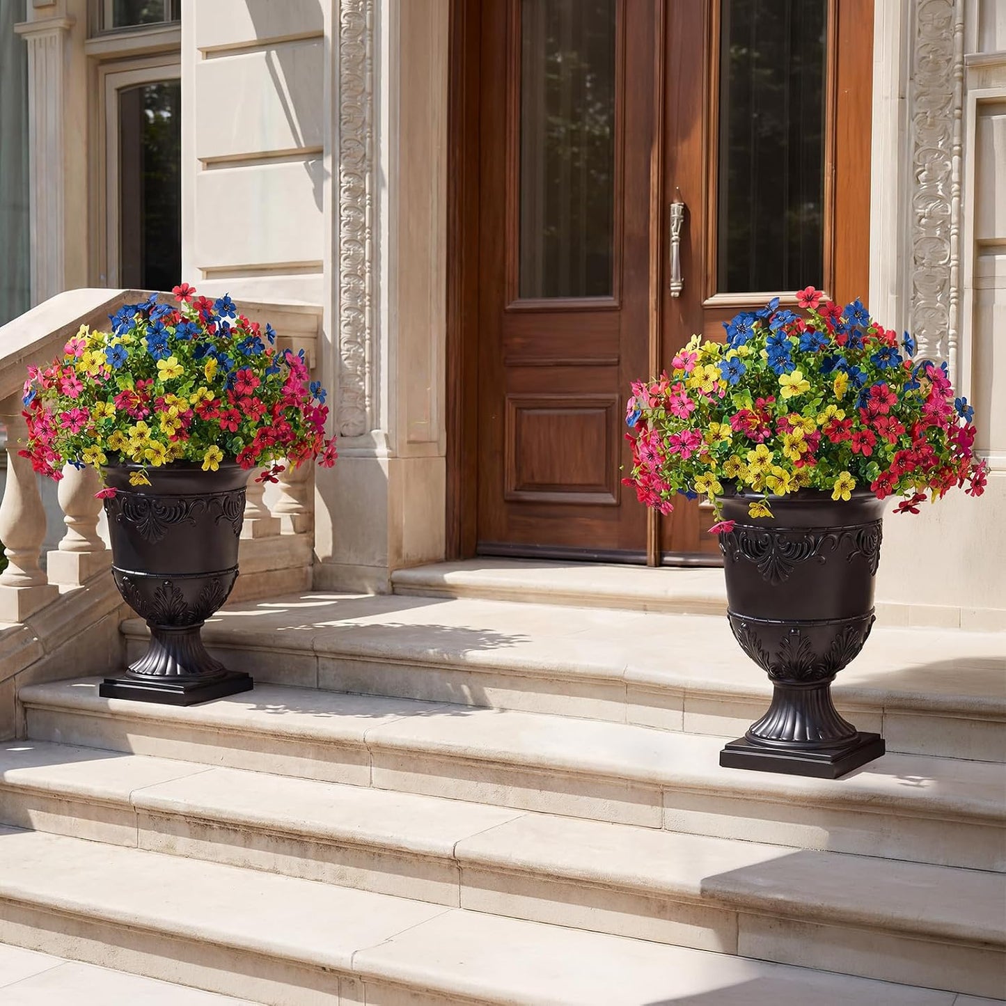 Artificial Lobelia Flowers with Classic Urn Planter- UV Resistant Silk Fake Flowers in Pot - Cascading Faux Outdoor Flowers for Front Porch, Patio, Yard and Garden Decor, 1 Pack