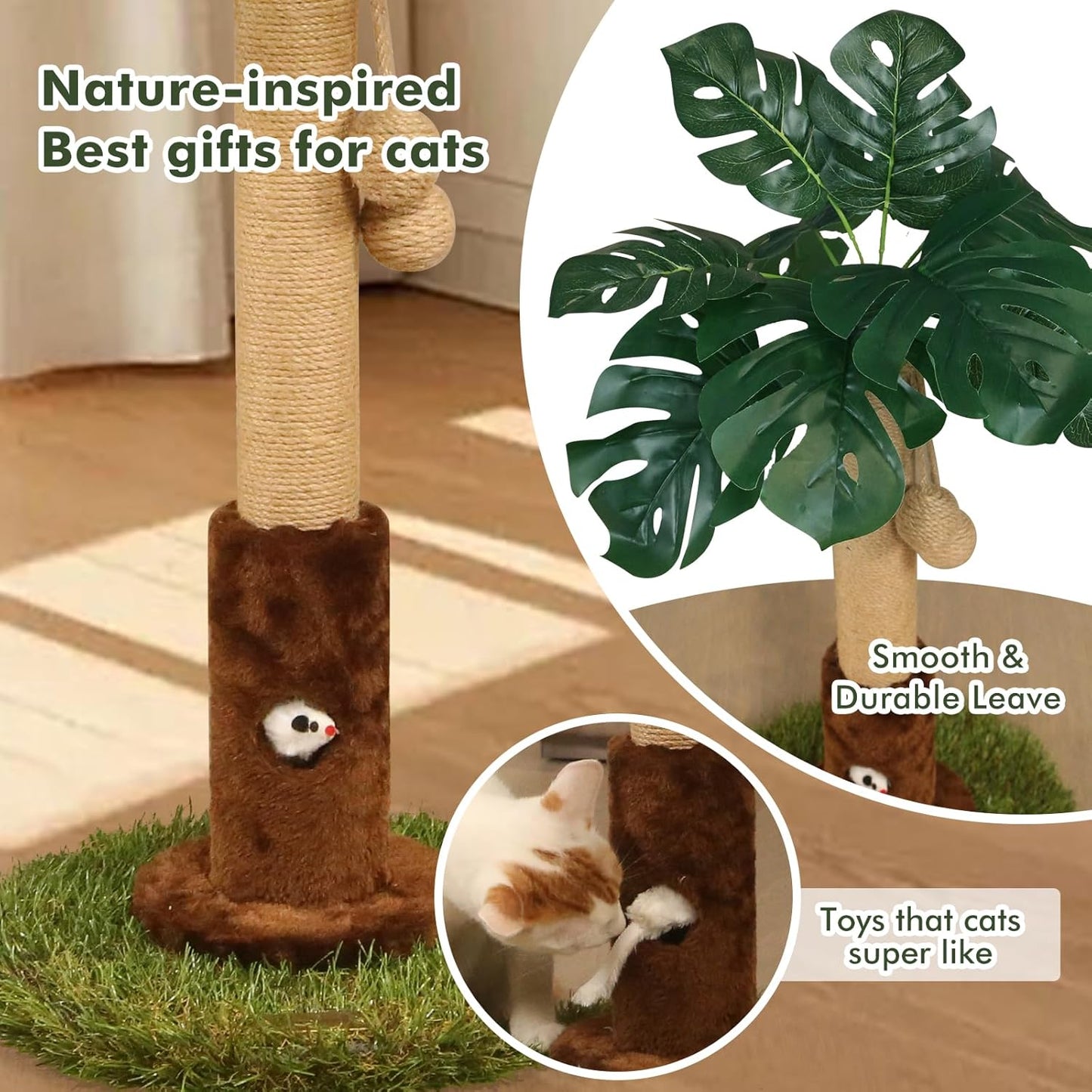Cat Scratching Post for Indoor Cats and Kitten - 35.43" Tall Cat Scratching Post with Sisal Rope,Palm Tree Cat Scratch Post with Hanging Ball