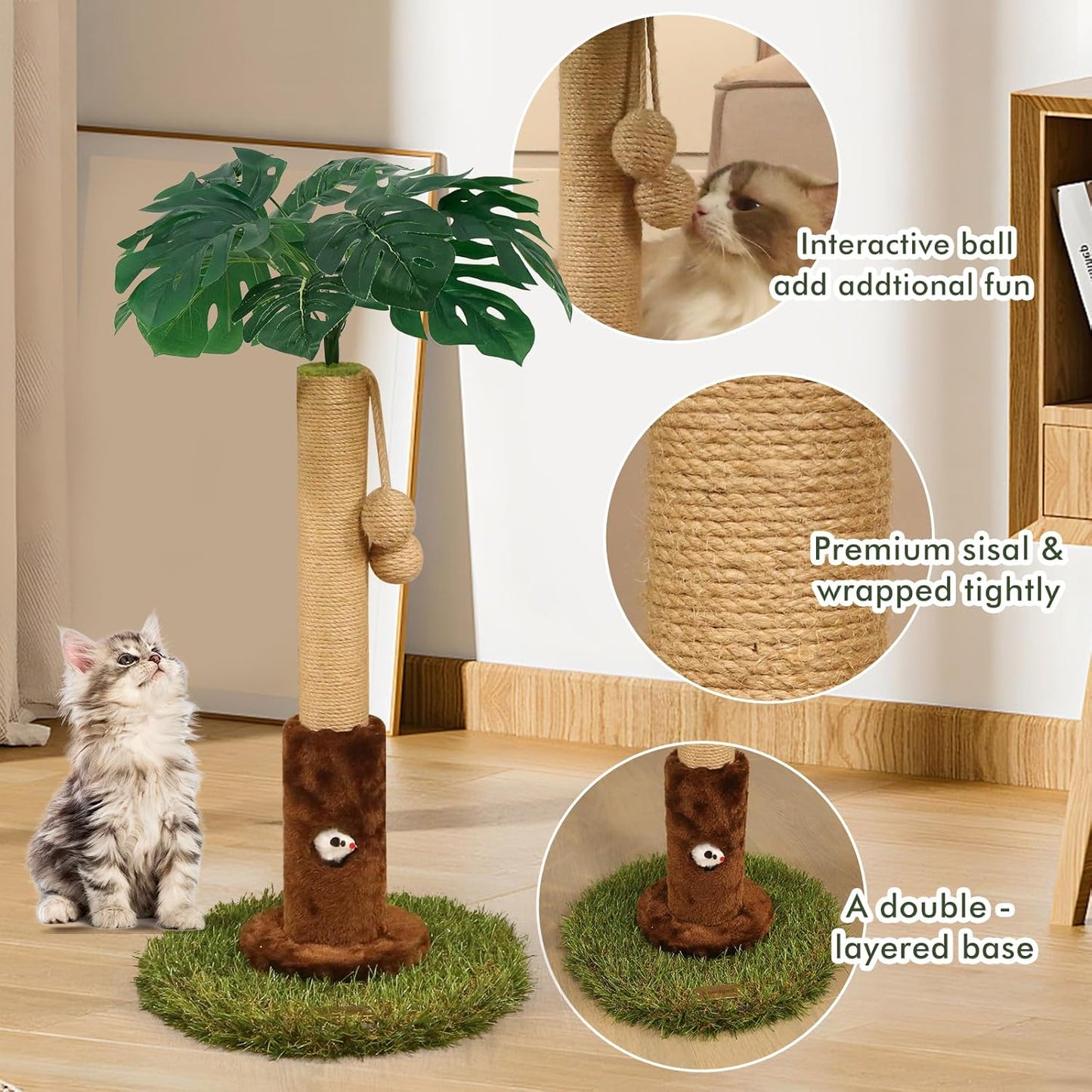Cat Scratching Post for Indoor Cats and Kitten - 35.43" Tall Cat Scratching Post with Sisal Rope,Palm Tree Cat Scratch Post with Hanging Ball