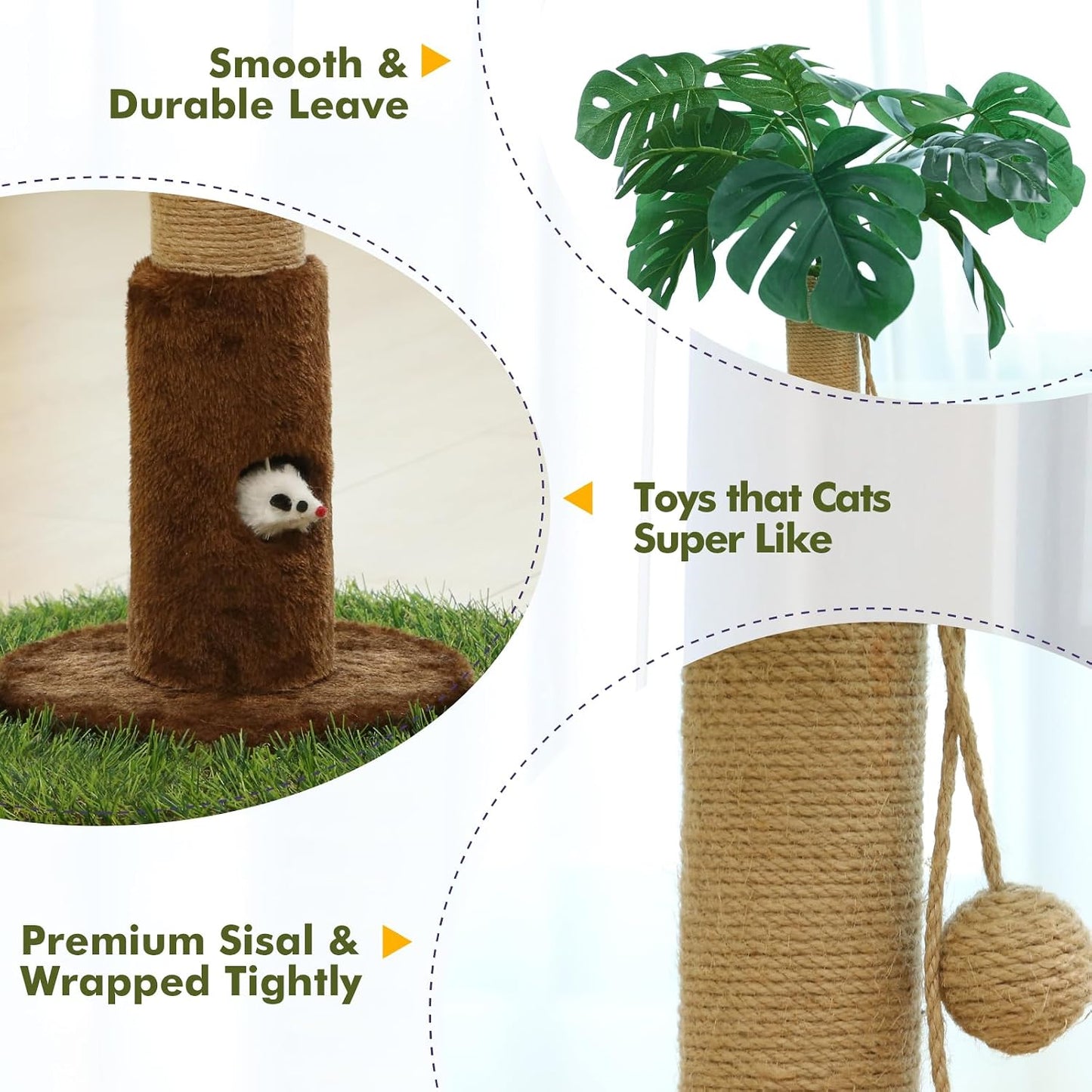 Cat Scratching Post for Indoor Cats and Kitten - 35.43" Tall Cat Scratching Post with Sisal Rope,Palm Tree Cat Scratch Post with Hanging Ball
