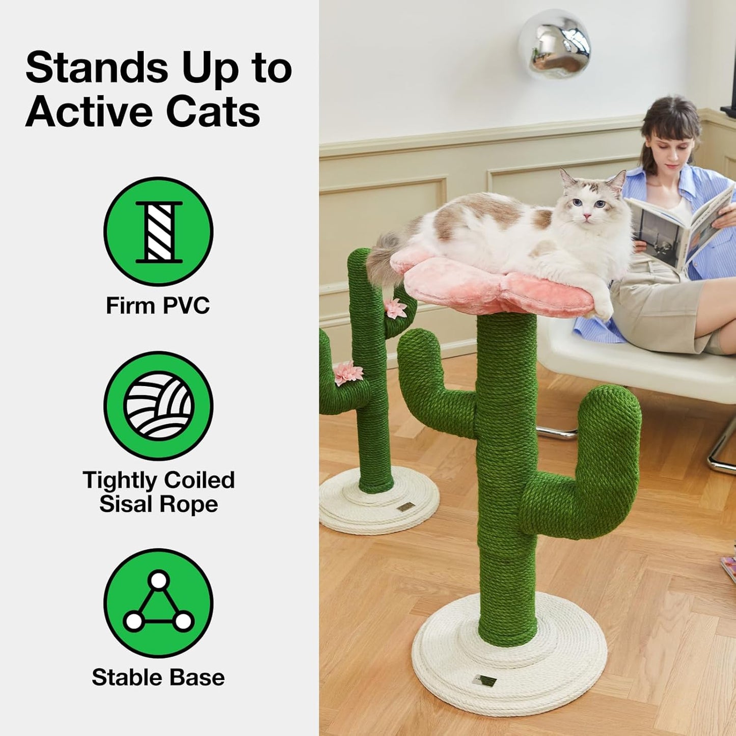 Cat Scratchers for Indoor Cats Cactus Cat Scratch Post Jute Rope, 31.5'' Tall Green Vertical Cactus Cat Tree Scratching Posts Protect Furniture
