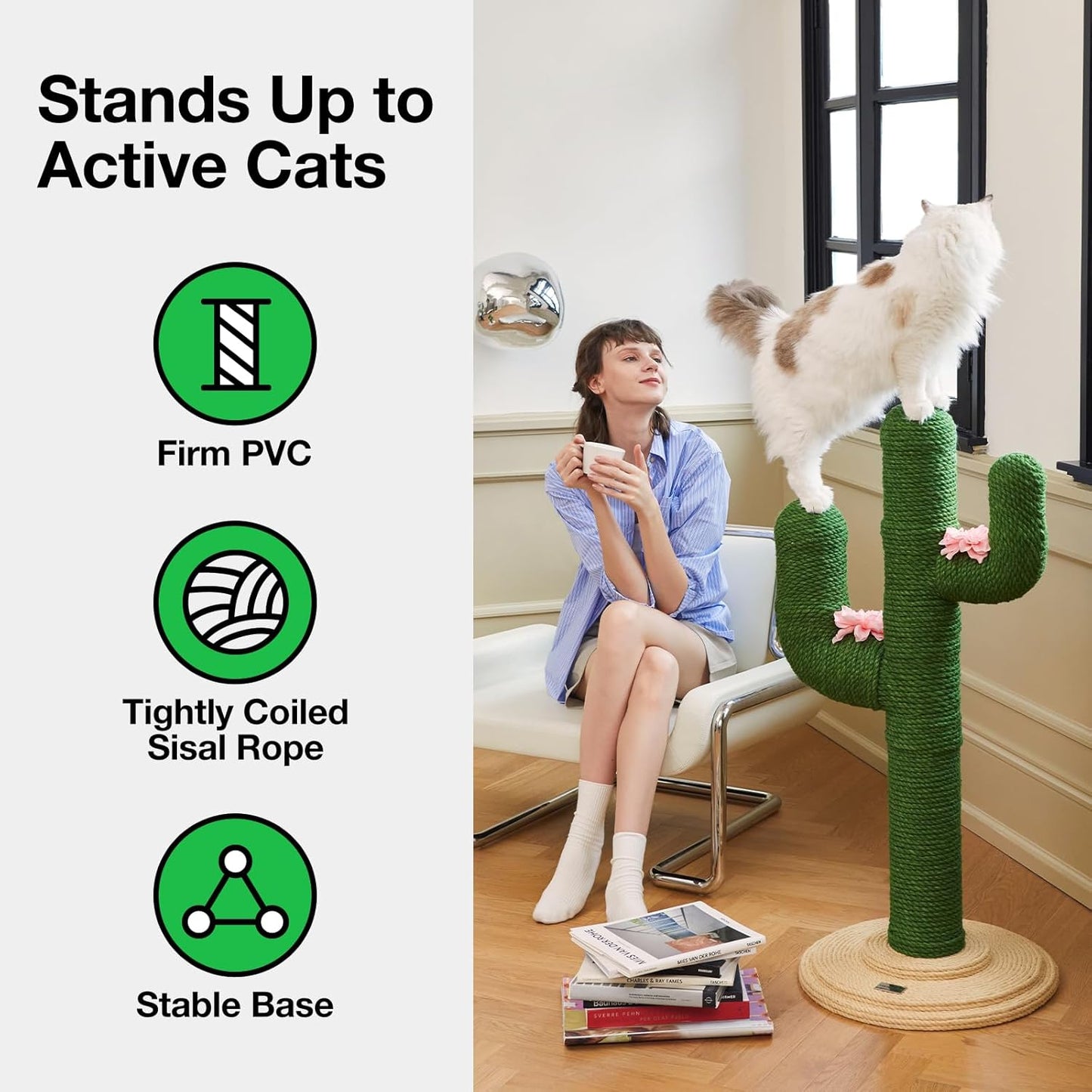 Cat Scratchers for Indoor Cats Cactus Cat Scratch Post Jute Rope, 31.5'' Tall Green Vertical Cactus Cat Tree Scratching Posts Protect Furniture