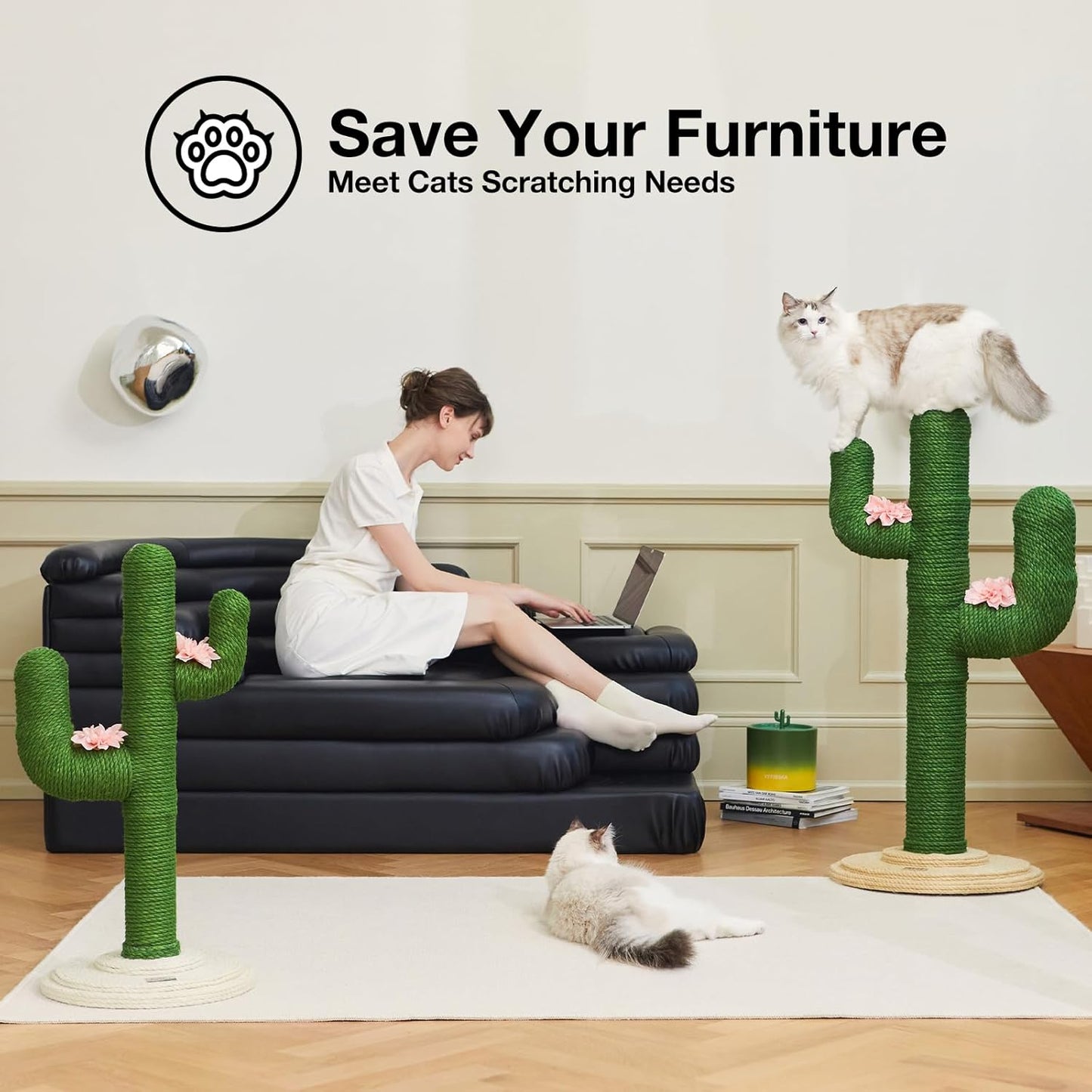 Cat Scratchers for Indoor Cats Cactus Cat Scratch Post Jute Rope, 31.5'' Tall Green Vertical Cactus Cat Tree Scratching Posts Protect Furniture