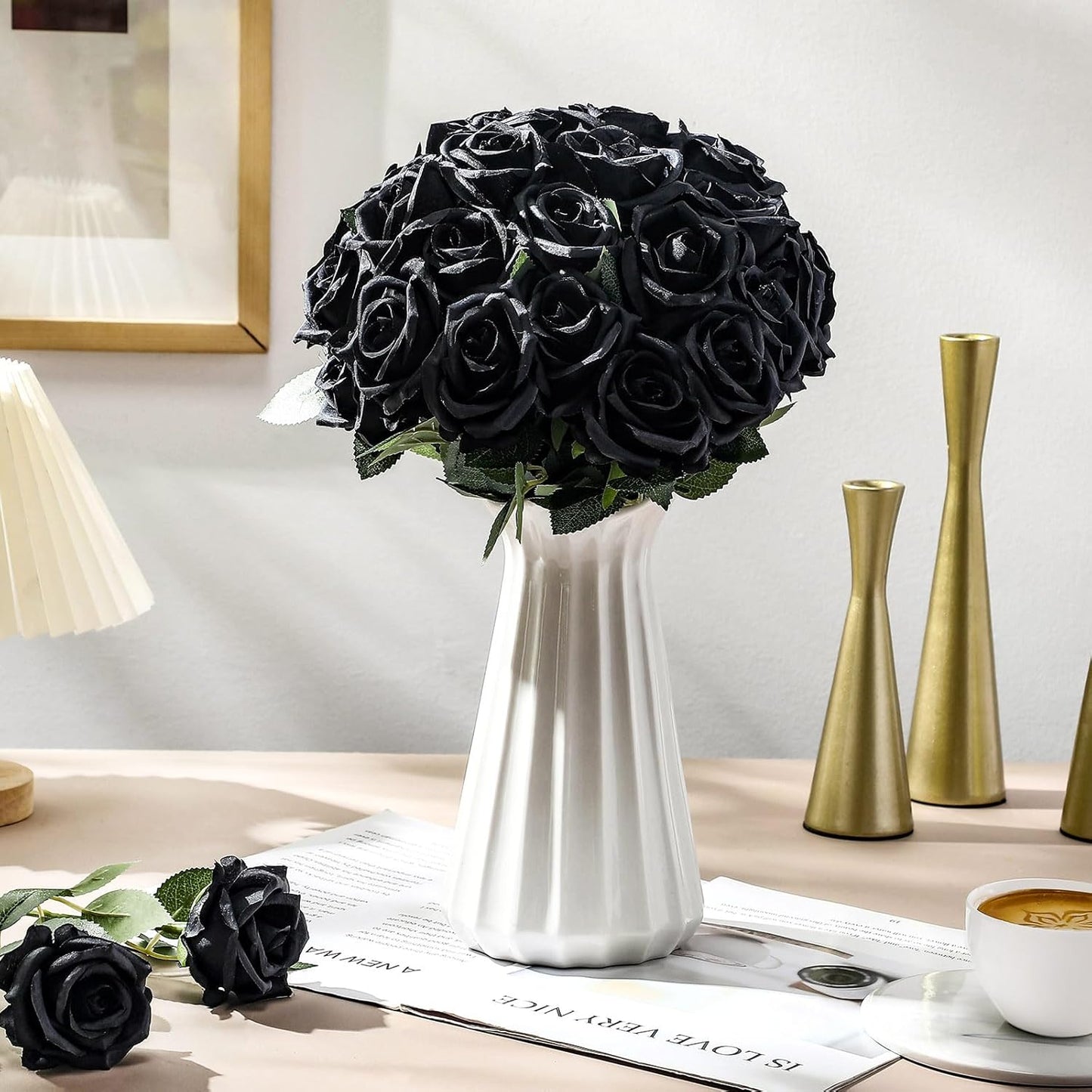 Thiccywoov 30 Pcs Rose Artificial Flowers in Bulk Lifelike Long Stem Silk Roses Bouquets Realistic Faux Flowers for Wedding Bridal Shower Home Decor Floral Arrangements Table Centerpiece(White)