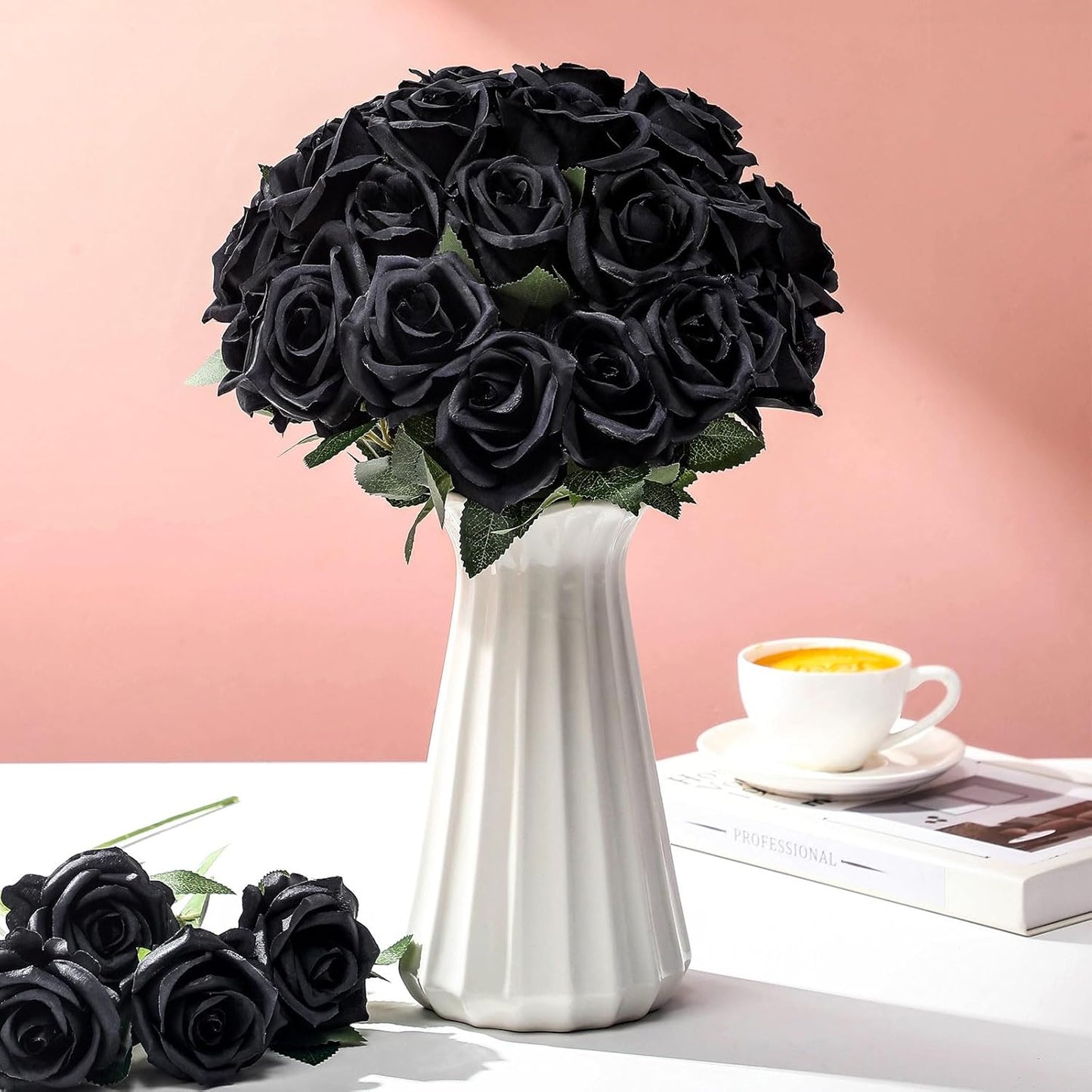 Thiccywoov 30 Pcs Rose Artificial Flowers in Bulk Lifelike Long Stem Silk Roses Bouquets Realistic Faux Flowers for Wedding Bridal Shower Home Decor Floral Arrangements Table Centerpiece(White)