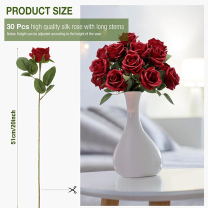 Thiccywoov 30 Pcs Rose Artificial Flowers in Bulk Lifelike Long Stem Silk Roses Bouquets Realistic Faux Flowers for Wedding Bridal Shower Home Decor Floral Arrangements Table Centerpiece(White)