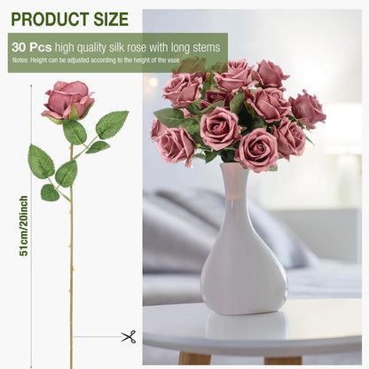 Thiccywoov 30 Pcs Rose Artificial Flowers in Bulk Lifelike Long Stem Silk Roses Bouquets Realistic Faux Flowers for Wedding Bridal Shower Home Decor Floral Arrangements Table Centerpiece(White)