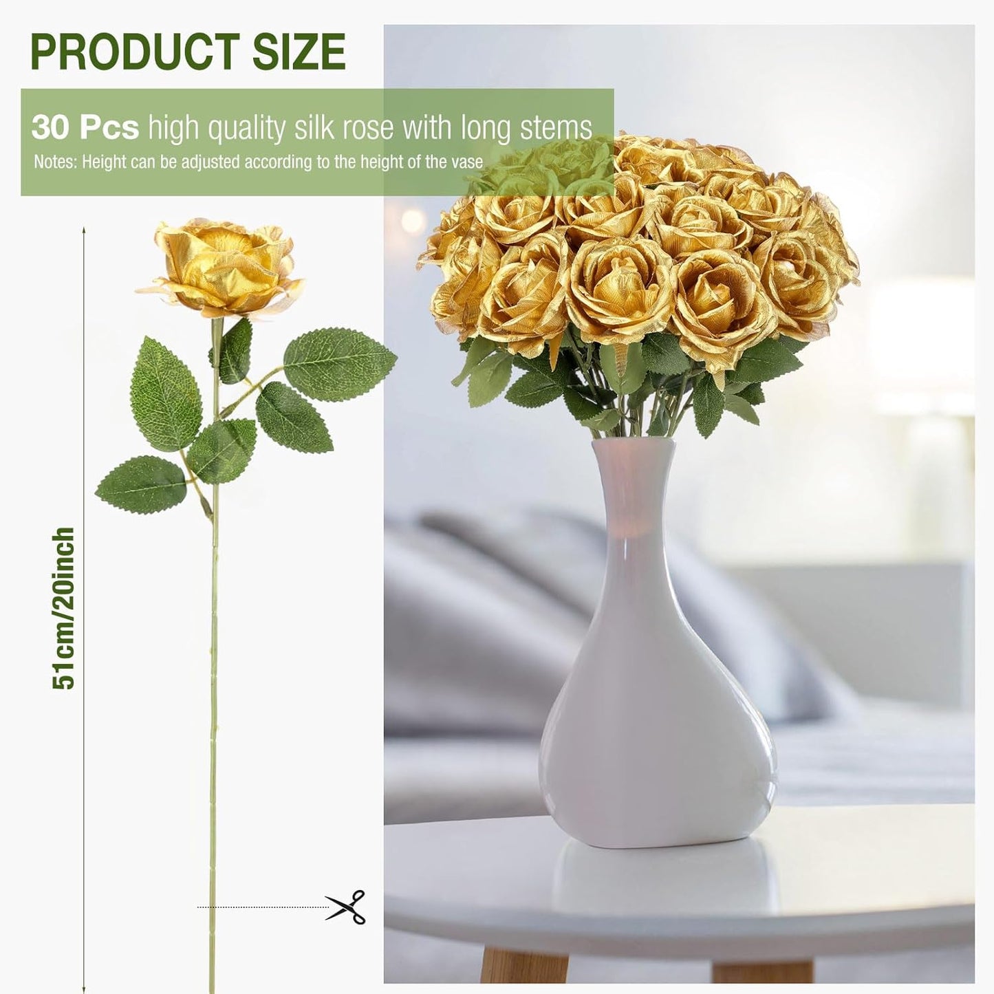 Thiccywoov 30 Pcs Rose Artificial Flowers in Bulk Lifelike Long Stem Silk Roses Bouquets Realistic Faux Flowers for Wedding Bridal Shower Home Decor Floral Arrangements Table Centerpiece(White)