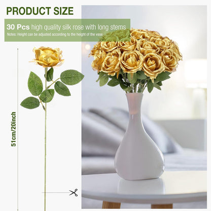 Thiccywoov 30 Pcs Rose Artificial Flowers in Bulk Lifelike Long Stem Silk Roses Bouquets Realistic Faux Flowers for Wedding Bridal Shower Home Decor Floral Arrangements Table Centerpiece(White)