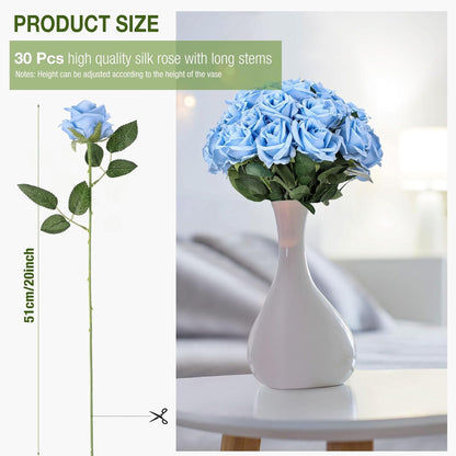 Thiccywoov 30 Pcs Rose Artificial Flowers in Bulk Lifelike Long Stem Silk Roses Bouquets Realistic Faux Flowers for Wedding Bridal Shower Home Decor Floral Arrangements Table Centerpiece(White)