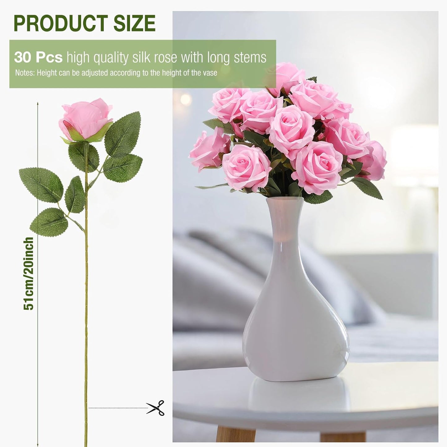 Thiccywoov 30 Pcs Rose Artificial Flowers in Bulk Lifelike Long Stem Silk Roses Bouquets Realistic Faux Flowers for Wedding Bridal Shower Home Decor Floral Arrangements Table Centerpiece(White)