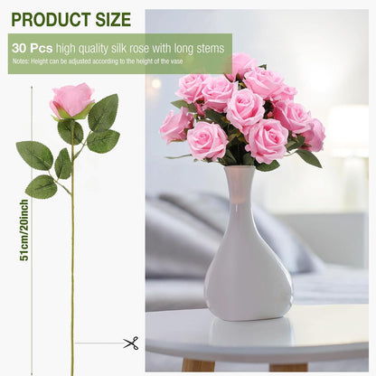Thiccywoov 30 Pcs Rose Artificial Flowers in Bulk Lifelike Long Stem Silk Roses Bouquets Realistic Faux Flowers for Wedding Bridal Shower Home Decor Floral Arrangements Table Centerpiece(White)