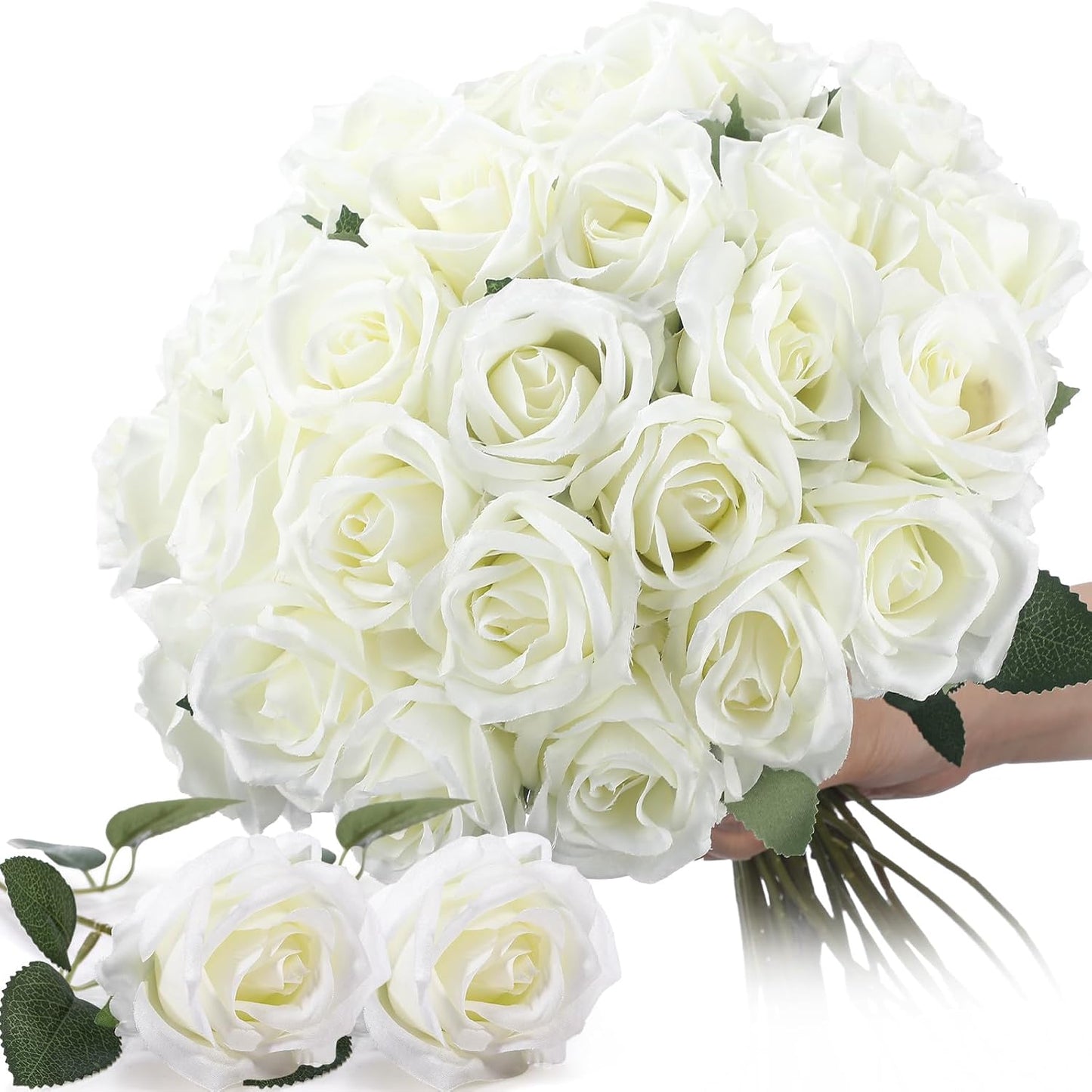 Thiccywoov 30 Pcs Rose Artificial Flowers in Bulk Lifelike Long Stem Silk Roses Bouquets Realistic Faux Flowers for Wedding Bridal Shower Home Decor Floral Arrangements Table Centerpiece(White)