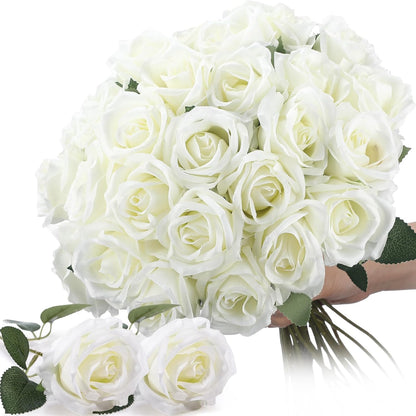 Thiccywoov 30 Pcs Rose Artificial Flowers in Bulk Lifelike Long Stem Silk Roses Bouquets Realistic Faux Flowers for Wedding Bridal Shower Home Decor Floral Arrangements Table Centerpiece(White)