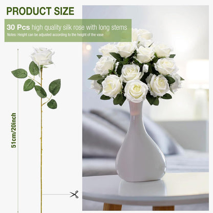 Thiccywoov 30 Pcs Rose Artificial Flowers in Bulk Lifelike Long Stem Silk Roses Bouquets Realistic Faux Flowers for Wedding Bridal Shower Home Decor Floral Arrangements Table Centerpiece(White)
