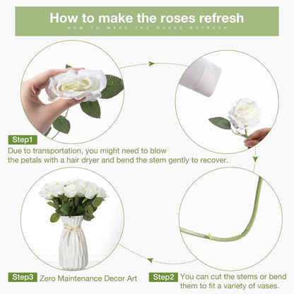Thiccywoov 30 Pcs Rose Artificial Flowers in Bulk Lifelike Long Stem Silk Roses Bouquets Realistic Faux Flowers for Wedding Bridal Shower Home Decor Floral Arrangements Table Centerpiece(White)