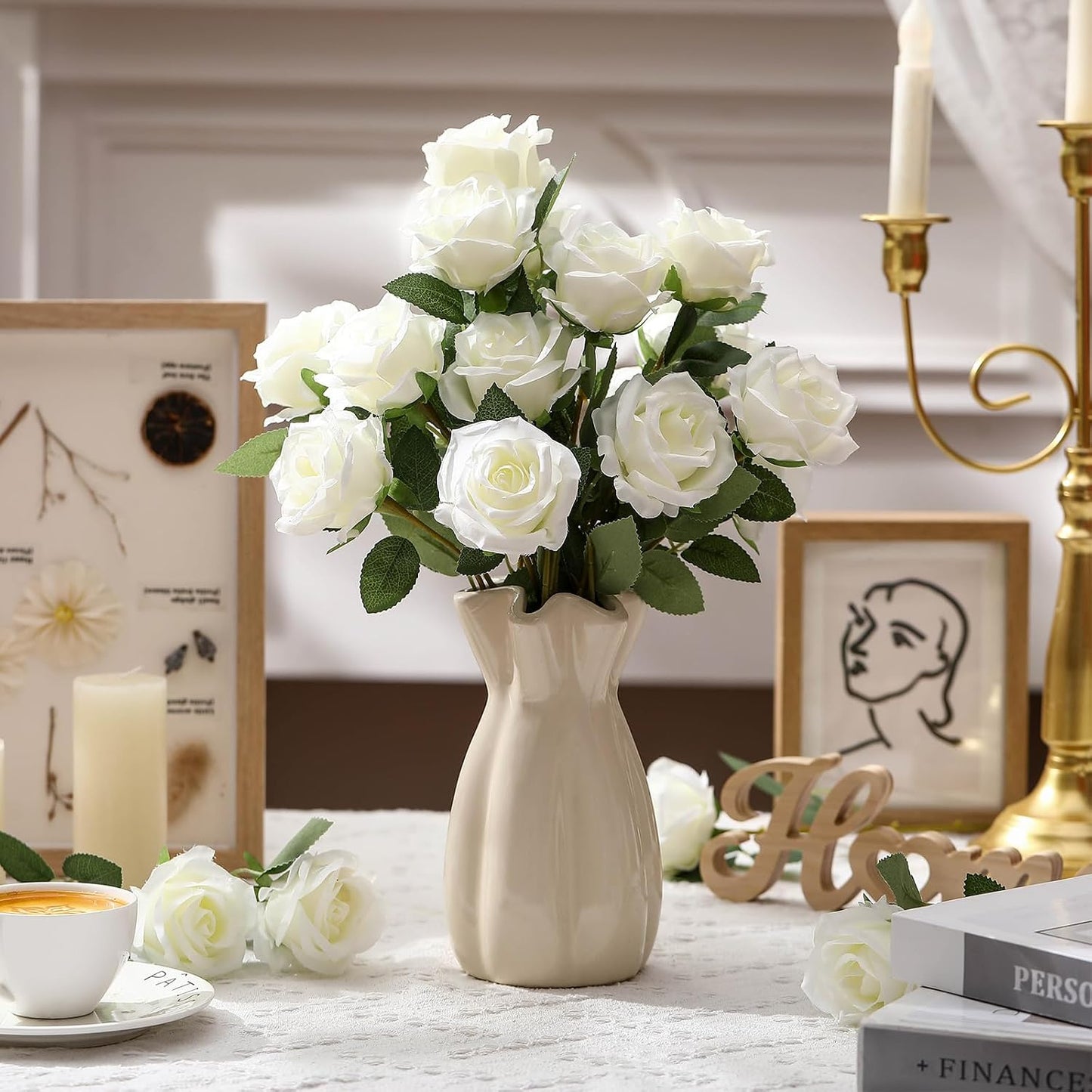 Thiccywoov 30 Pcs Rose Artificial Flowers in Bulk Lifelike Long Stem Silk Roses Bouquets Realistic Faux Flowers for Wedding Bridal Shower Home Decor Floral Arrangements Table Centerpiece(White)