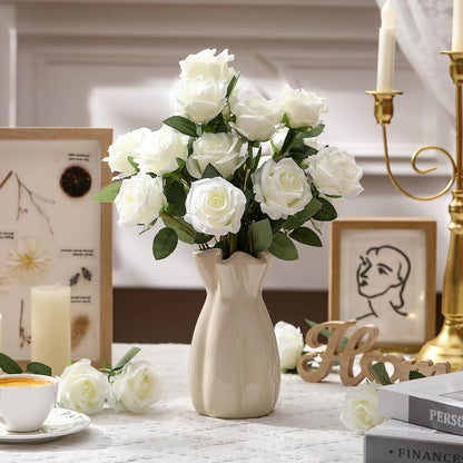 Thiccywoov 30 Pcs Rose Artificial Flowers in Bulk Lifelike Long Stem Silk Roses Bouquets Realistic Faux Flowers for Wedding Bridal Shower Home Decor Floral Arrangements Table Centerpiece(White)
