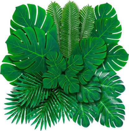 108 Pack Palm Leaves Artificial Tropical Monstera - 6 Kinds Large Small Green Fake Palm Leaf with Stems for Safari Jungle Hawaiian Luau Party Table Decoration Wedding Birthday Theme Party Decorations