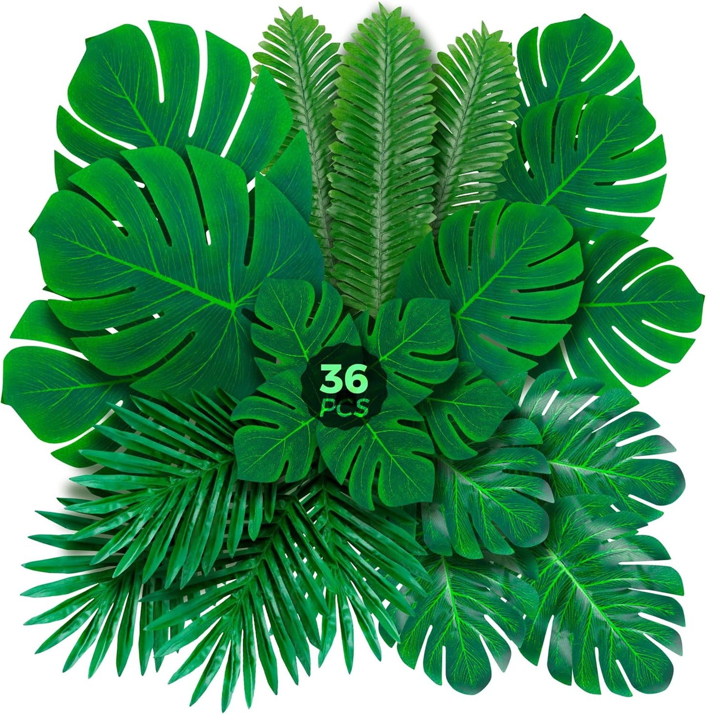 108 Pack Palm Leaves Artificial Tropical Monstera - 6 Kinds Large Small Green Fake Palm Leaf with Stems for Safari Jungle Hawaiian Luau Party Table Decoration Wedding Birthday Theme Party Decorations