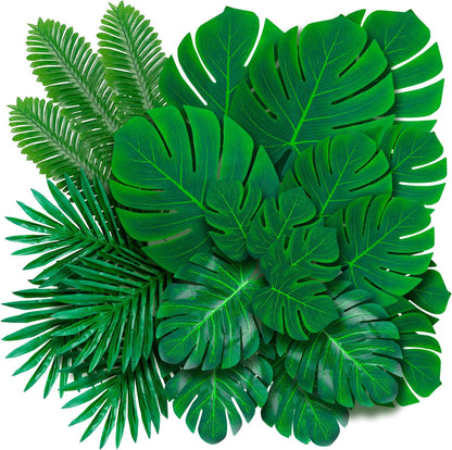 108 Pack Palm Leaves Artificial Tropical Monstera - 6 Kinds Large Small Green Fake Palm Leaf with Stems for Safari Jungle Hawaiian Luau Party Table Decoration Wedding Birthday Theme Party Decorations