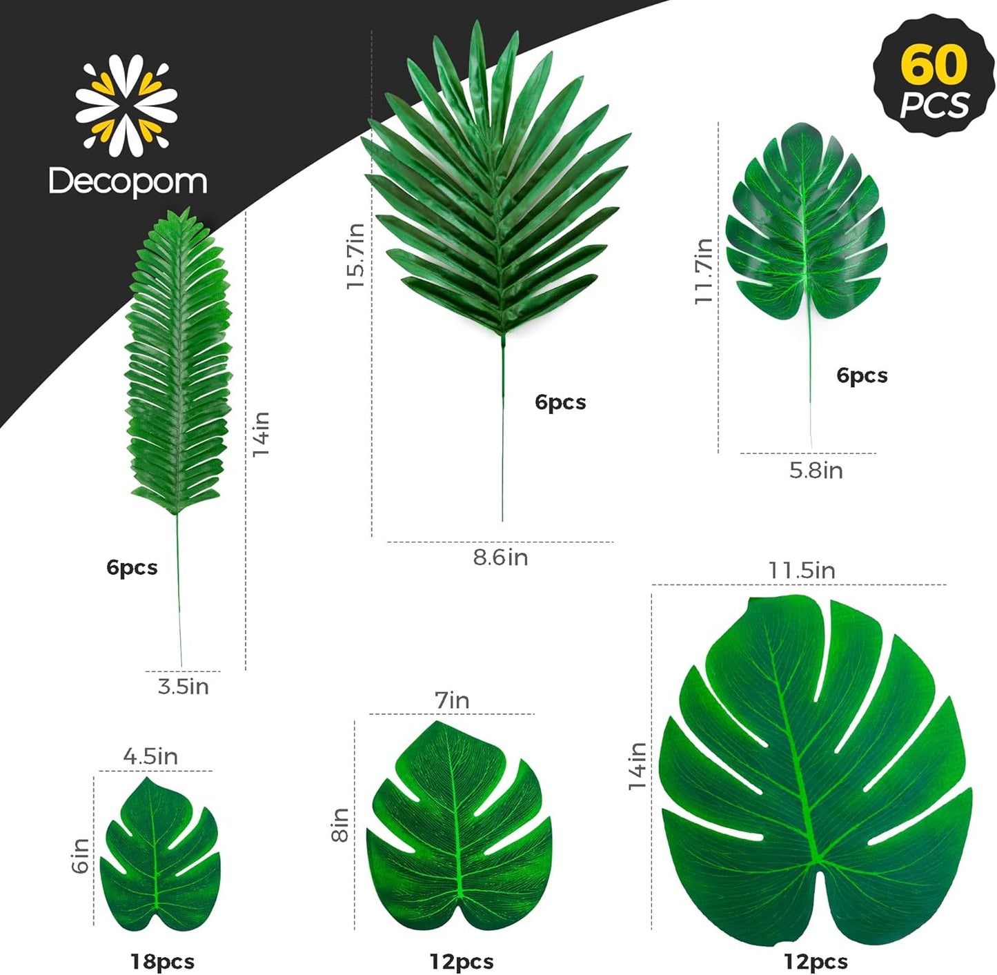 108 Pack Palm Leaves Artificial Tropical Monstera - 6 Kinds Large Small Green Fake Palm Leaf with Stems for Safari Jungle Hawaiian Luau Party Table Decoration Wedding Birthday Theme Party Decorations