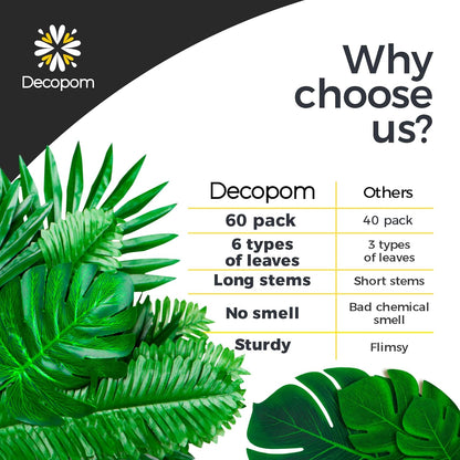 108 Pack Palm Leaves Artificial Tropical Monstera - 6 Kinds Large Small Green Fake Palm Leaf with Stems for Safari Jungle Hawaiian Luau Party Table Decoration Wedding Birthday Theme Party Decorations