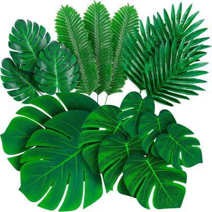 108 Pack Palm Leaves Artificial Tropical Monstera - 6 Kinds Large Small Green Fake Palm Leaf with Stems for Safari Jungle Hawaiian Luau Party Table Decoration Wedding Birthday Theme Party Decorations