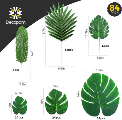 108 Pack Palm Leaves Artificial Tropical Monstera - 6 Kinds Large Small Green Fake Palm Leaf with Stems for Safari Jungle Hawaiian Luau Party Table Decoration Wedding Birthday Theme Party Decorations
