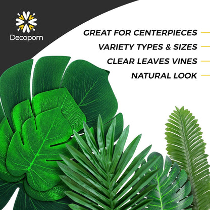 108 Pack Palm Leaves Artificial Tropical Monstera - 6 Kinds Large Small Green Fake Palm Leaf with Stems for Safari Jungle Hawaiian Luau Party Table Decoration Wedding Birthday Theme Party Decorations