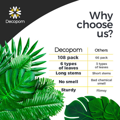 108 Pack Palm Leaves Artificial Tropical Monstera - 6 Kinds Large Small Green Fake Palm Leaf with Stems for Safari Jungle Hawaiian Luau Party Table Decoration Wedding Birthday Theme Party Decorations