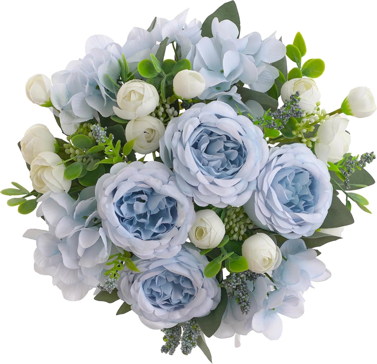 2 Bunches Artificial Peonies Flowers Small Silk Blue Peonies Fake Hydrangea Flowers Arrangements Table Centerpiece Faux Flores for Bridal Wedding Home Decor (2, Blue White)